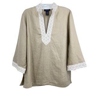 Jones New York Signature Top Linen Tunic Women Large V Neck Tan